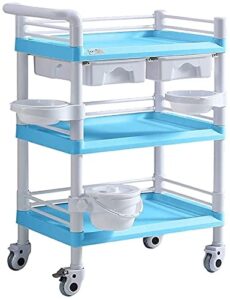 3 tier hospital medical utility cart on wheel, blue abs beauty salon equipment rolling trolley with dirt bucket drawers, 100-150kg load 54×3