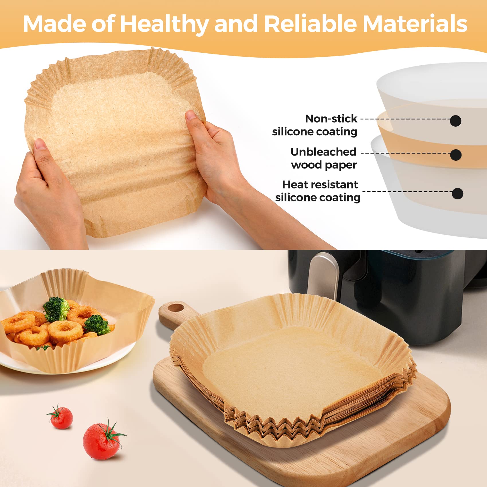 Air Fryer Disposable Paper Liner: 125Pcs 8In Square Non-Stick Unbleached Parchment Paper Liners for Microwave Oven Steamer Airfryer Basket