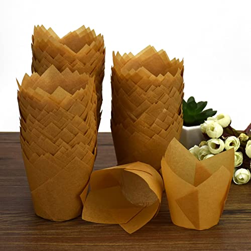 200pcs Tulip Cupcake Liners, Standard Greaseproof Paper Baking Cups Muffin Liners Holders Perfect for Bridal Showers, Baby Showers, Birthday Parties, Banquets, and Catering Events (Natural)