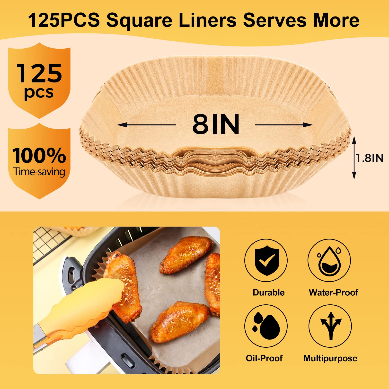 Air Fryer Disposable Paper Liners - 125Pcs 8In Square Parchment Paper Non-Stick Airfryer Basket Liners for Steamer Microwave Oven
