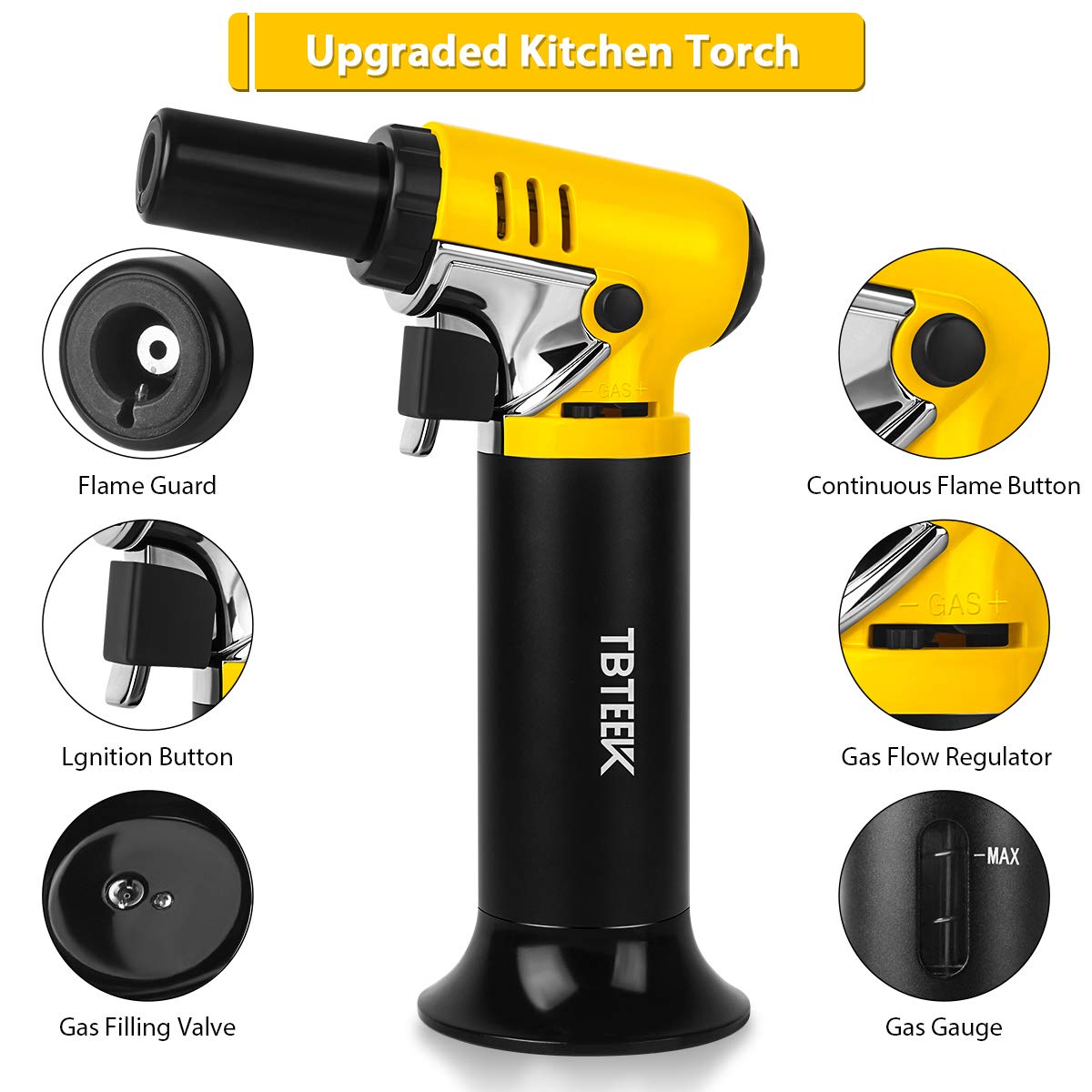 TBTEEK Butane Torch with Fuel Gauge, One-hand Operation Kitchen Torch Lighter with Adjustable Flame for BBQ, Baking, Brulee Creme, Crafts and Soldering(Butane Gas Not Included)