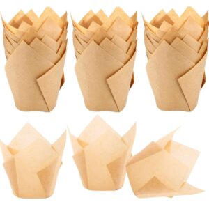 STARUBY 150pcs Tulip Cupcake Liners Natural Baking Cups Muffin Paper Liner Grease-Proof Wrappers for Wedding, Birthday Party, Standard Size, Natural Color