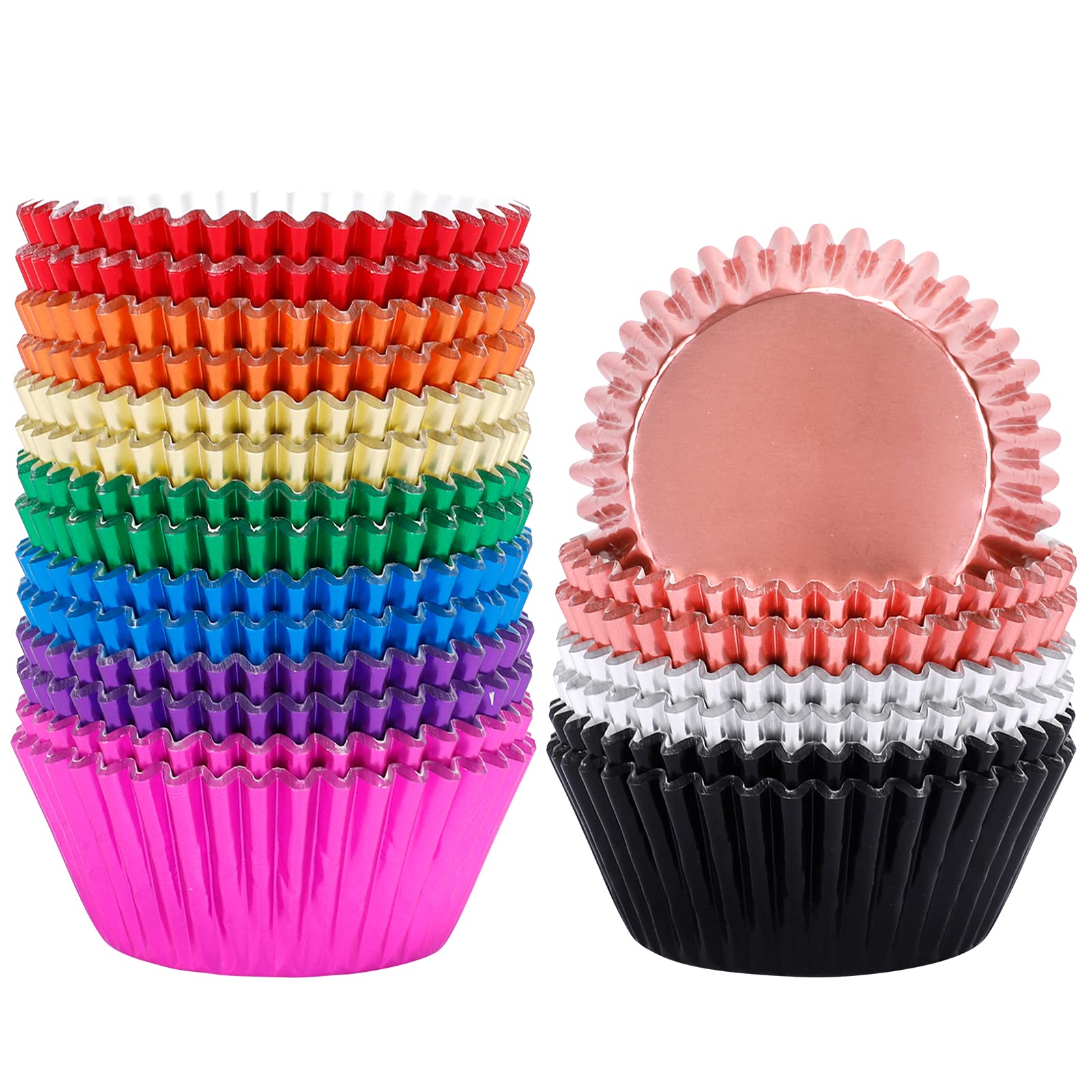 BAKHUK 500pcs Foil Cupcake Liner, Metallic Cupcake Liners - Standard Size 2 Inches Muffin Liners - 10 Colors Cupcake Wrappers for Weddings, Birthdays, Baby Showers, Party