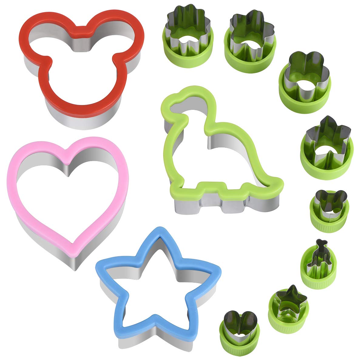 Hhyn Sandwich Cutters Set for Kids, Mickey Mouse, Dinosaur, Star, Heart Shapes and Mini Vegetable Fruit Cookie Cutters Food Mold for Holiday and Party