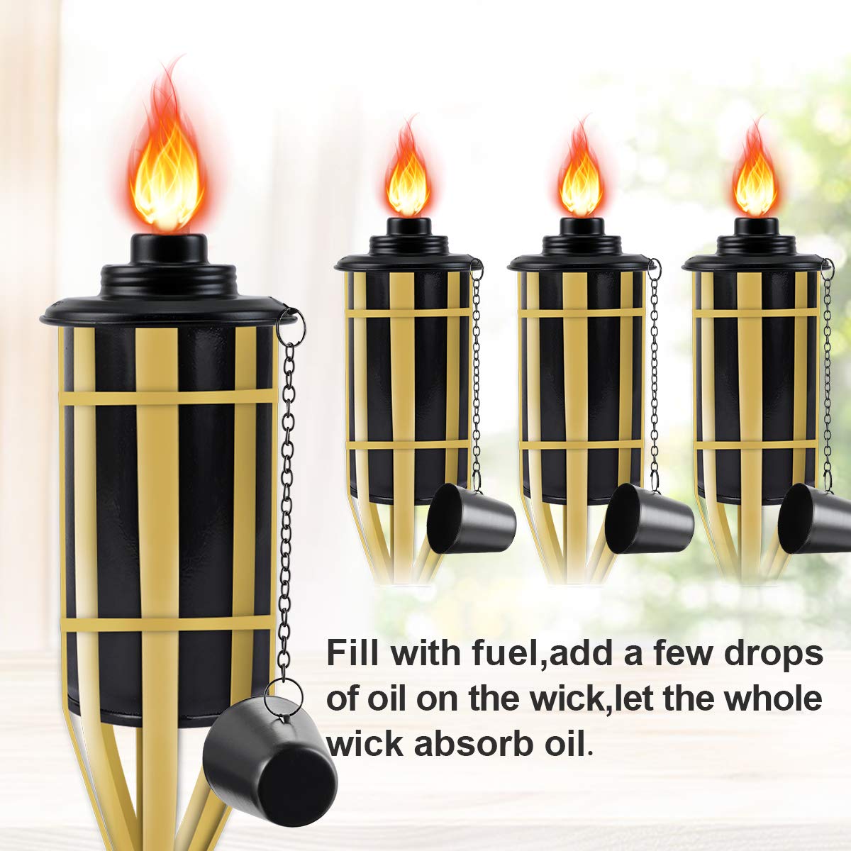 LANMU Torch Canisters 16 oz, Bamboo Torch Refill Canister, Replacement Torch Fuel Canisters with Wicks and Covers, Outdoor Patio Torch for Luau Party, DIY Garden Torch Decor (4 Pack)