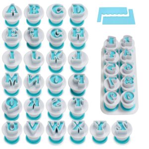 fangsun 36 pieces alphabet & numbers fondant cake mold, cookie stamp impress, embosser cutter, upper case numbers shape diy cookie biscuit with 2 cake scraper
