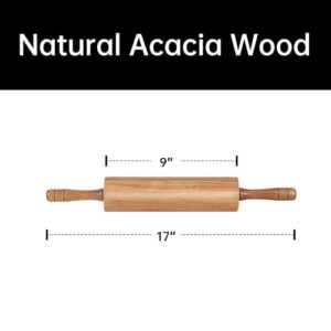 KITEISCAT Acacia Wooden Rolling Pin for Baking- Durable, Non-Stick Dough Roller with Handles- 17 Inches Long For Pizza, Fondant, Crust, Cookie & More- Classic Pastry