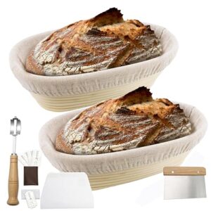 2 pack 10 inch oval bread proofing basket for sourdough bread - bread basket baking bowl with bread lame & 5 blades,dough scraper and linen liner cloth banneton proofing basket for home bakers