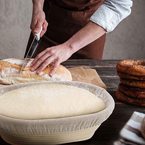 2 Pack 10 Inch Oval Bread Proofing Basket for Sourdough Bread - Bread Basket Baking Bowl With Bread Lame & 5 Blades,Dough Scraper and Linen Liner Cloth Banneton Proofing Basket for Home Bakers