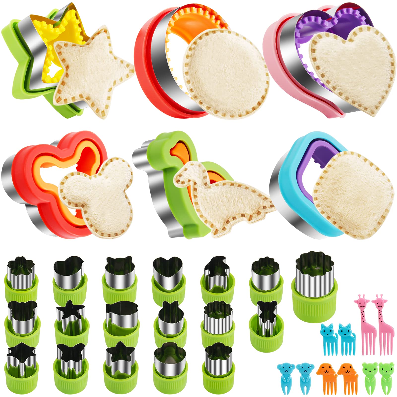 TAOUNOA Sandwich Cutter Set 34pcs, 6pcs Sandwich Cutter and Sealer and 18pcs Fruit Cutters Shapes for kids with 10pcs Cute Animal Forks