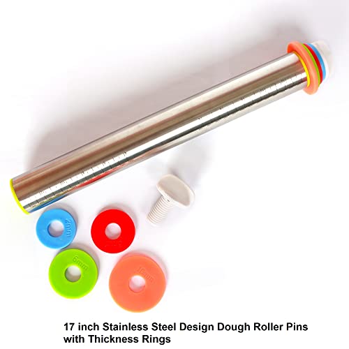 Adjustable Rolling Pin with Thickness Rings for Baking, Stainless Steel Desgins Dough Roller Pins with Silicone Pastry Nonstick Mat for Cookie Decorating Baking Supplies Fondant Cake Baker Gift