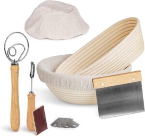 pitch pulse bread proofing basket set, 9 inch round + 10 inch oval banneton bowl, sourdough bread making tools kit with dough whisk, dough scraper, bread lame and blades