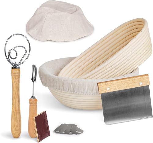 PITCH PULSE Bread Proofing Basket Set, 9 Inch Round + 10 Inch Oval Banneton Bowl, Sourdough Bread Making Tools Kit with Dough Whisk, Dough Scraper, Bread Lame and Blades