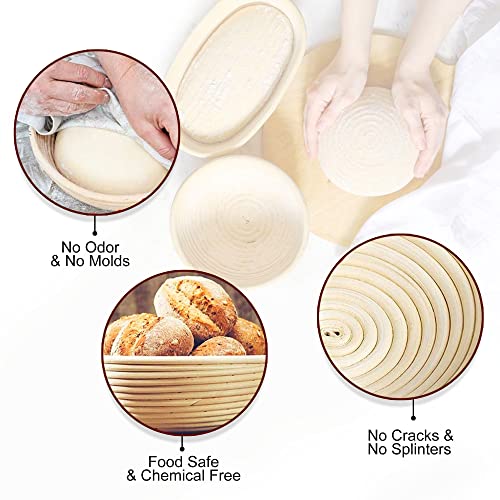 PITCH PULSE Bread Proofing Basket Set, 9 Inch Round + 10 Inch Oval Banneton Bowl, Sourdough Bread Making Tools Kit with Dough Whisk, Dough Scraper, Bread Lame and Blades