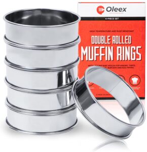 oleex english muffin ring set! 6 muffin rings with dough scraper! multipurpose stainless steel ring set. circle egg ring, cooking rings, pancake, crumpet rings, brioche molds, tart ring.