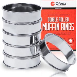 Oleex English Muffin Ring Set! 6 Muffin Rings with Dough Scraper! Multipurpose Stainless Steel Ring Set. Circle Egg Ring, Cooking Rings, Pancake, Crumpet Rings, Brioche Molds, Tart Ring.