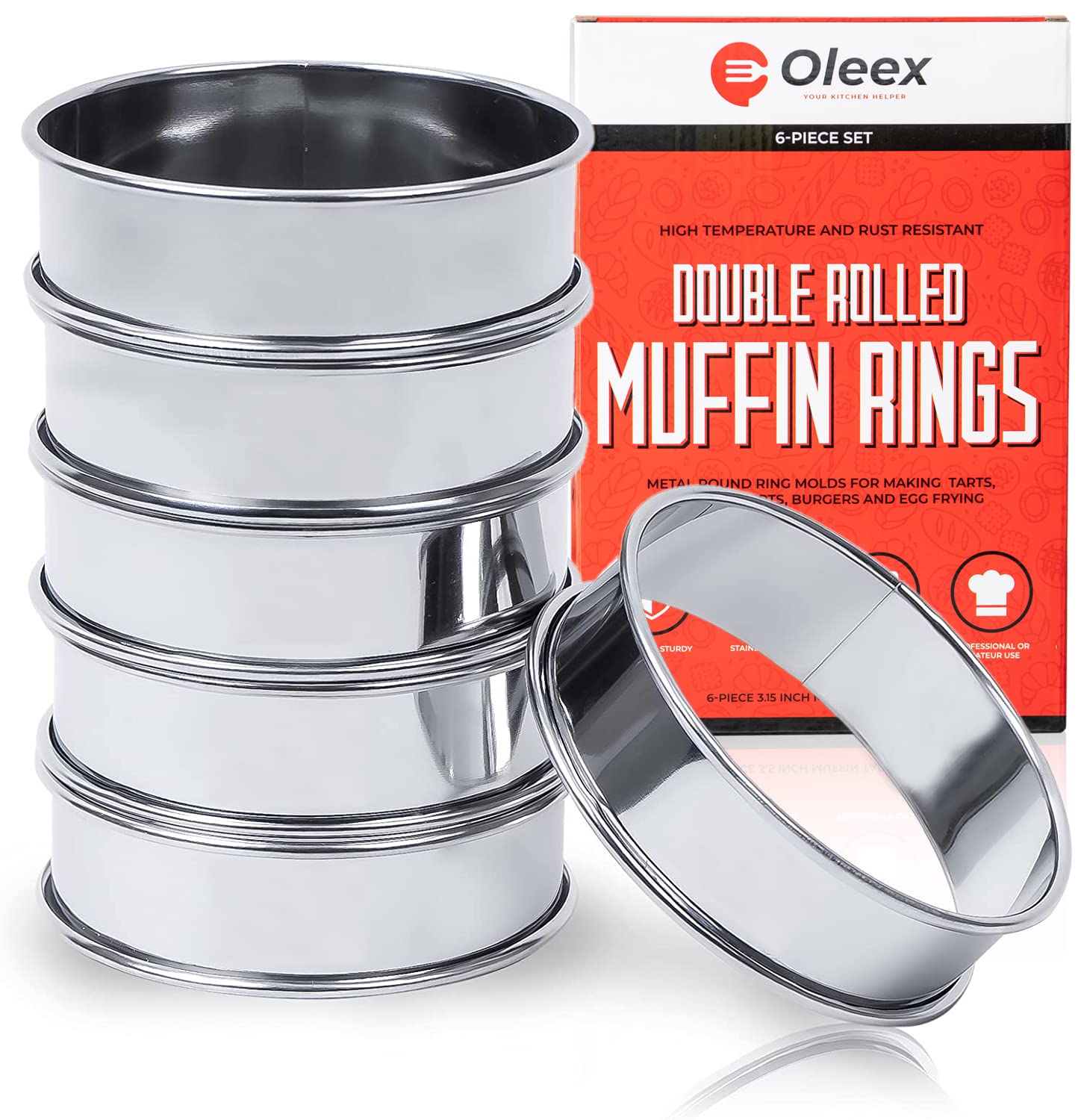 Oleex English Muffin Ring Set! 6 Muffin Rings with Dough Scraper! Multipurpose Stainless Steel Ring Set. Circle Egg Ring, Cooking Rings, Pancake, Crumpet Rings, Brioche Molds, Tart Ring.