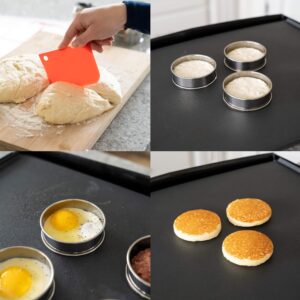 Oleex English Muffin Ring Set! 6 Muffin Rings with Dough Scraper! Multipurpose Stainless Steel Ring Set. Circle Egg Ring, Cooking Rings, Pancake, Crumpet Rings, Brioche Molds, Tart Ring.