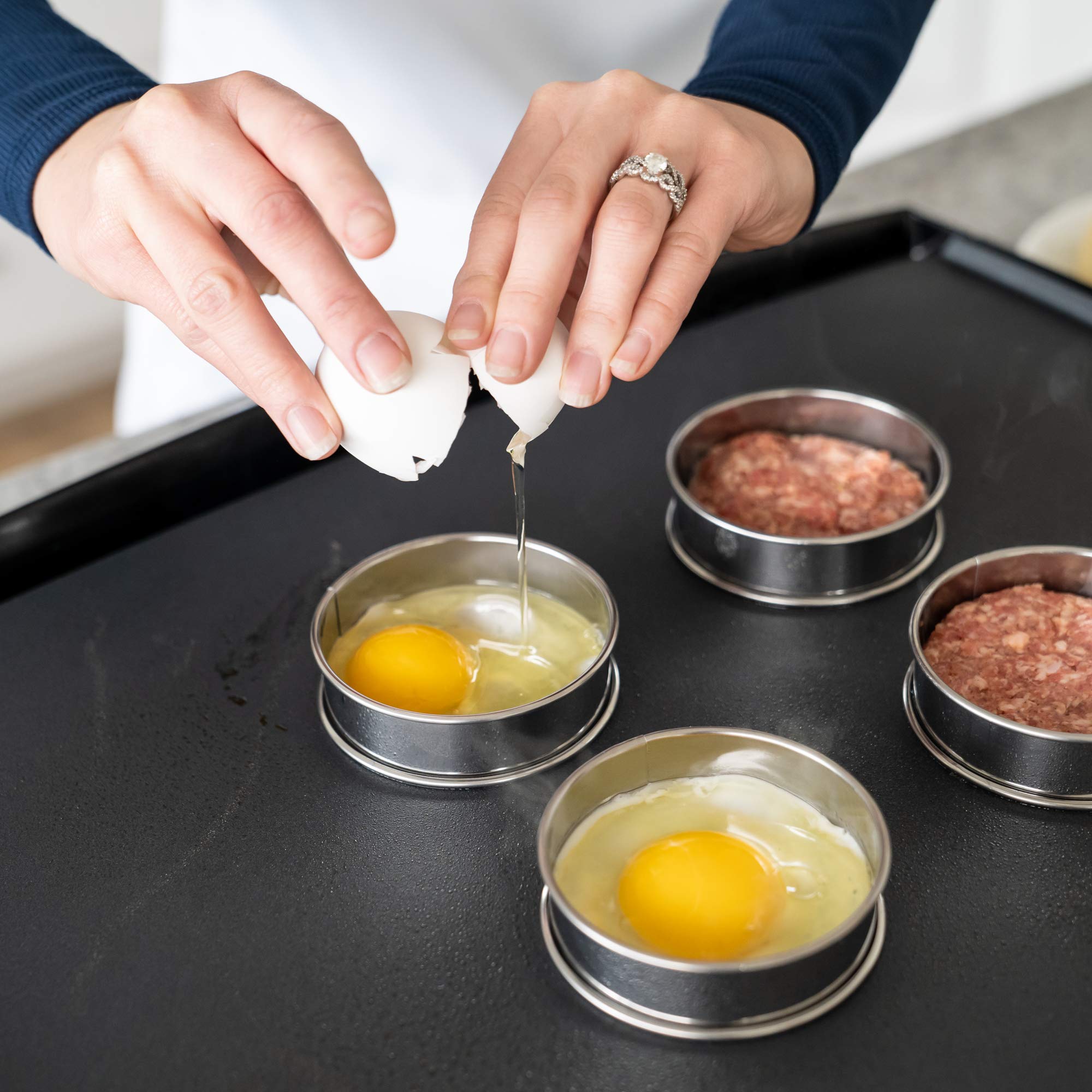 Oleex English Muffin Ring Set! 6 Muffin Rings with Dough Scraper! Multipurpose Stainless Steel Ring Set. Circle Egg Ring, Cooking Rings, Pancake, Crumpet Rings, Brioche Molds, Tart Ring.