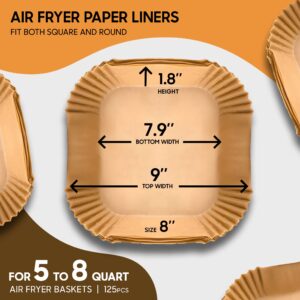 Air Fryer Disposable Paper Liner 125Pcs Square Parchment Paper Liners 8In Non-stick Unbleached Water & Oil Proof Airfryer liners for Microwave Oven baking & cooking