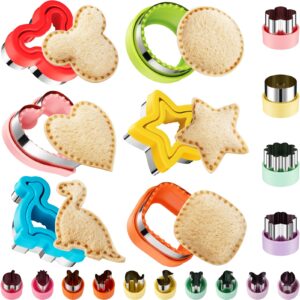 20pcs sandwich cutter and sealer set for kids, decruster maker holiday heart cookie cutters fruit vegetable shapes boys & girls bento lunch box with mickey mouse dinosaur star, etc