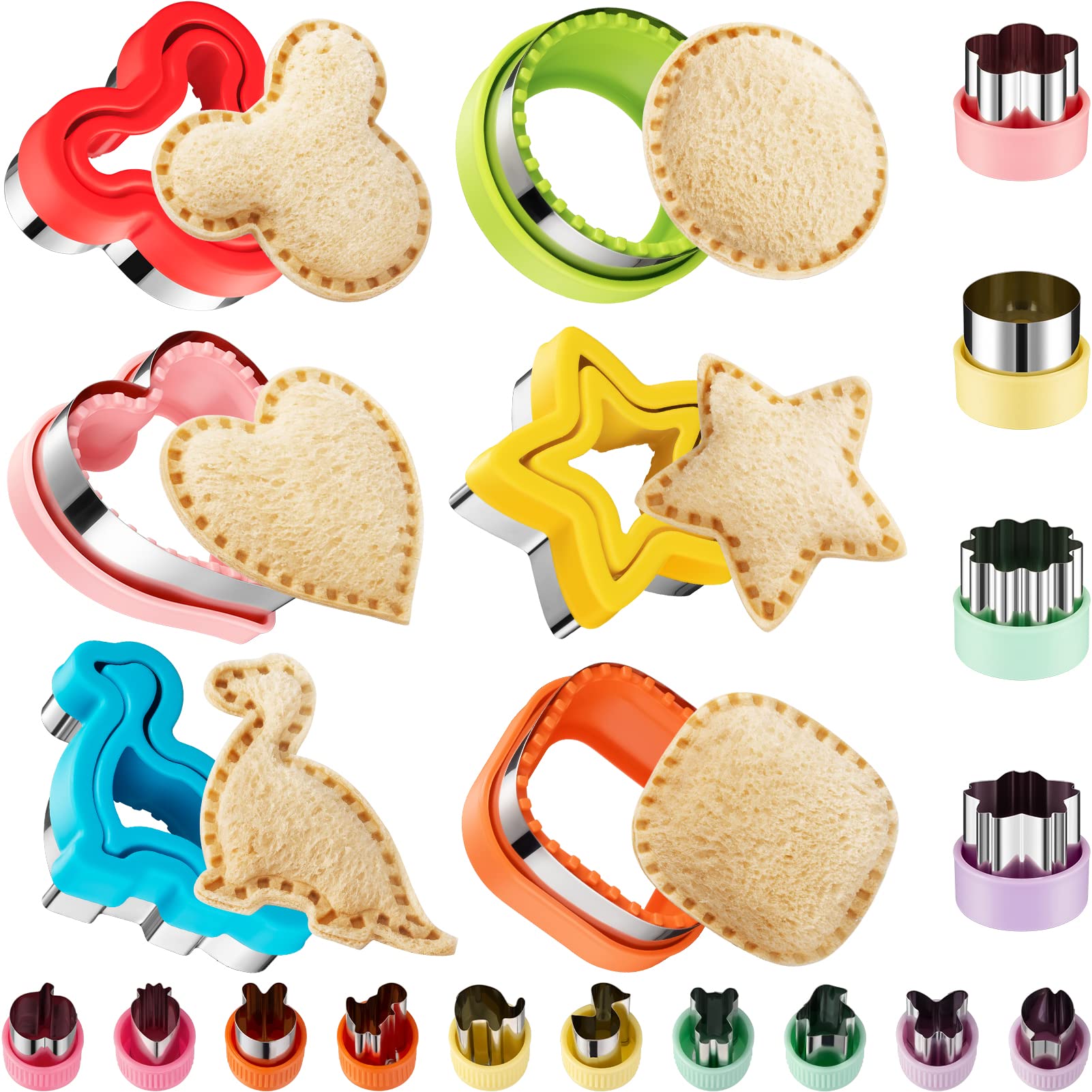 20Pcs Sandwich Cutter and Sealer Set for Kids, Decruster Maker Holiday Heart Cookie Cutters Fruit Vegetable Shapes Boys & Girls Bento Lunch Box with Mickey Mouse Dinosaur Star, etc