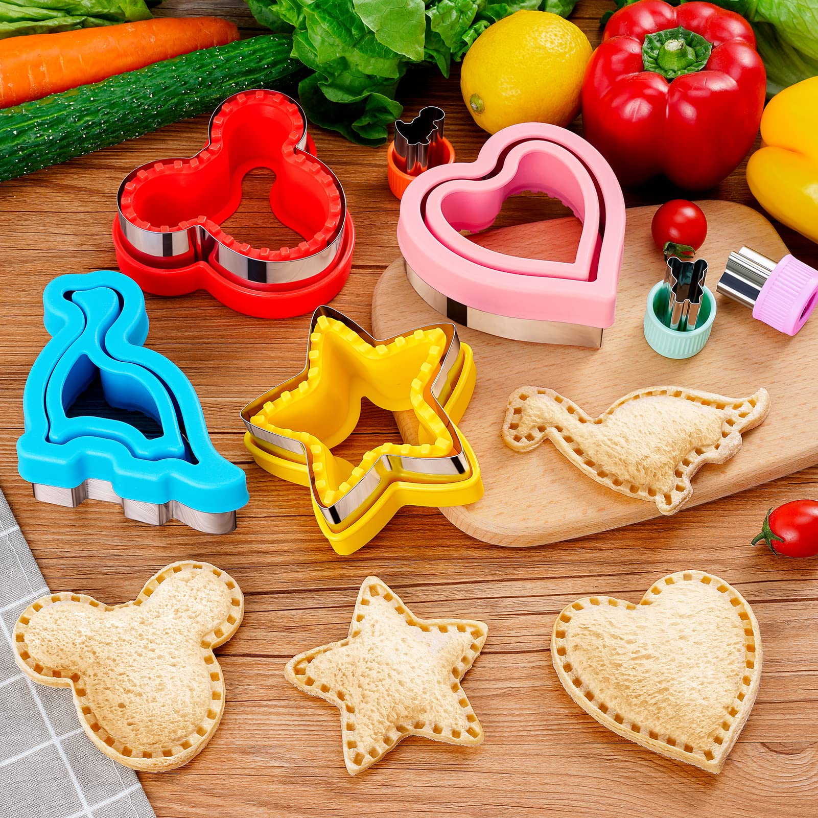 20Pcs Sandwich Cutter and Sealer Set for Kids, Decruster Maker Holiday Heart Cookie Cutters Fruit Vegetable Shapes Boys & Girls Bento Lunch Box with Mickey Mouse Dinosaur Star, etc