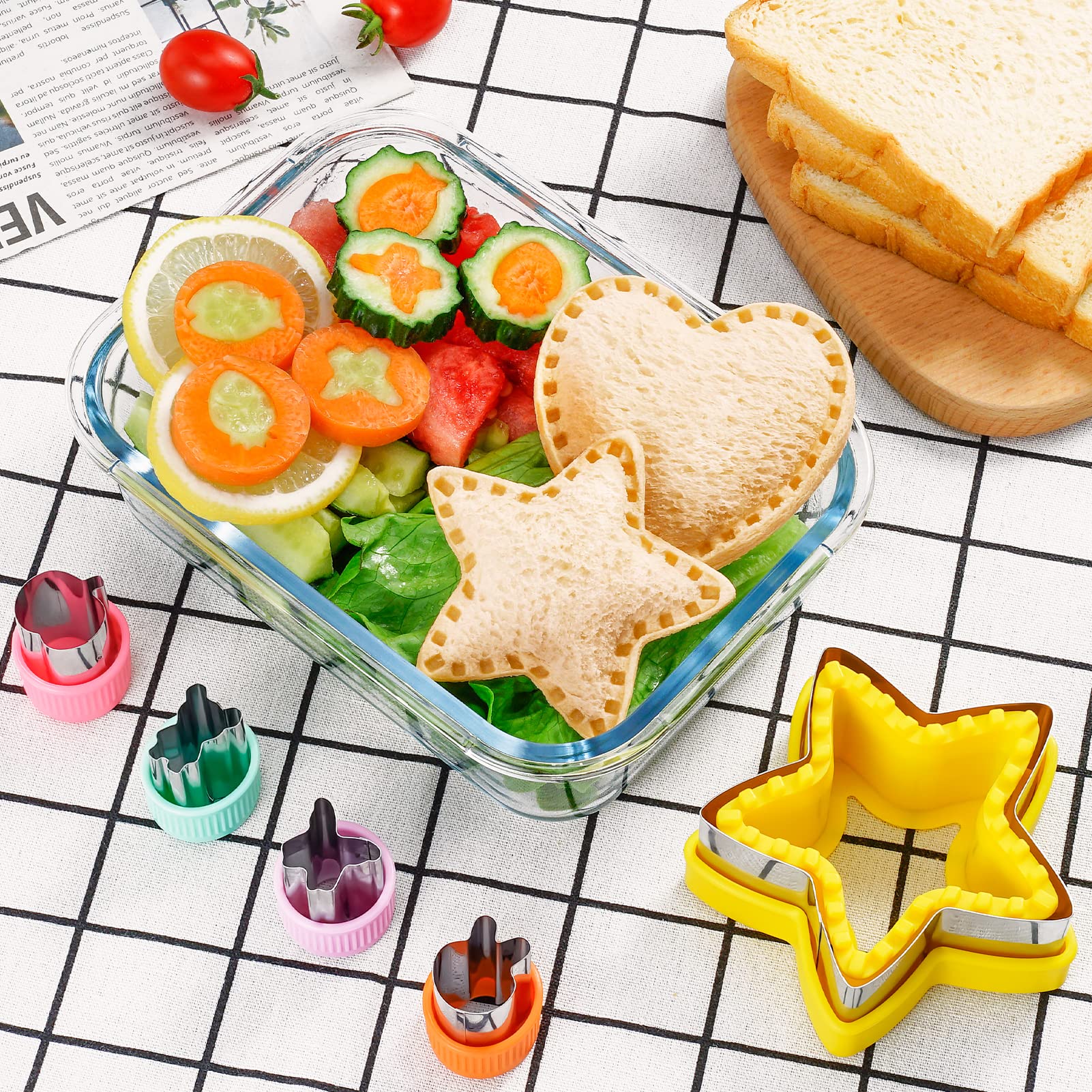 20Pcs Sandwich Cutter and Sealer Set for Kids, Decruster Maker Holiday Heart Cookie Cutters Fruit Vegetable Shapes Boys & Girls Bento Lunch Box with Mickey Mouse Dinosaur Star, etc
