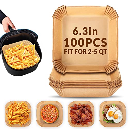 Suhsai Square Air Fryer Liners, 100 pcs reusable Parchment Paper Liners for Airfryer, Microwave Oven, 6.3-Inch baking sheet, Oil-Proof, greaseproof, Disposable Baking Paper, airfryer paper liners