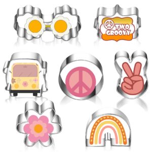 7 pcs mini two groovy cookie cutters set, hippie cookie cutter peace cookie molds stainless steel biscuit cutter diy, small flower rainbow sunglasses bus baking molds party supplies for kitchen baking