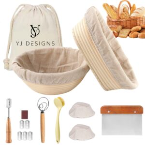 yj designs 10 pieces banneton bread proofing basket set of 2-10" round & 9.6" oval - sourdough bread baking supplies - bread making tools and supplies - sourdough starter kit - bread proofer