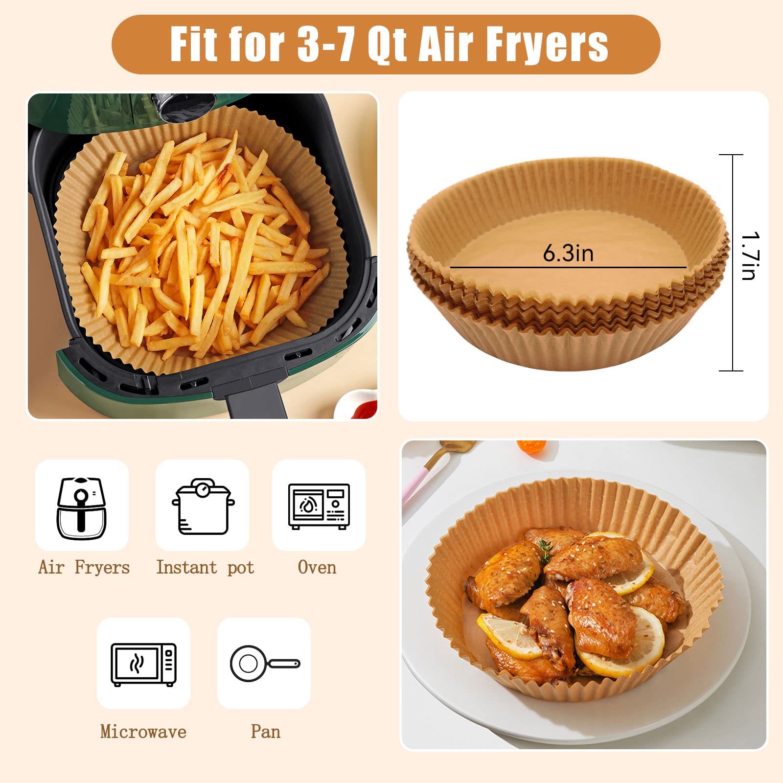 Air Fryer Disposable Paper 100 Pcs 6.3 inch Air Fryer Round Non-Stick Prime Oil-proof Parchment Cooking Paper for Fryers Basket Frying Pan Microwave Oven
