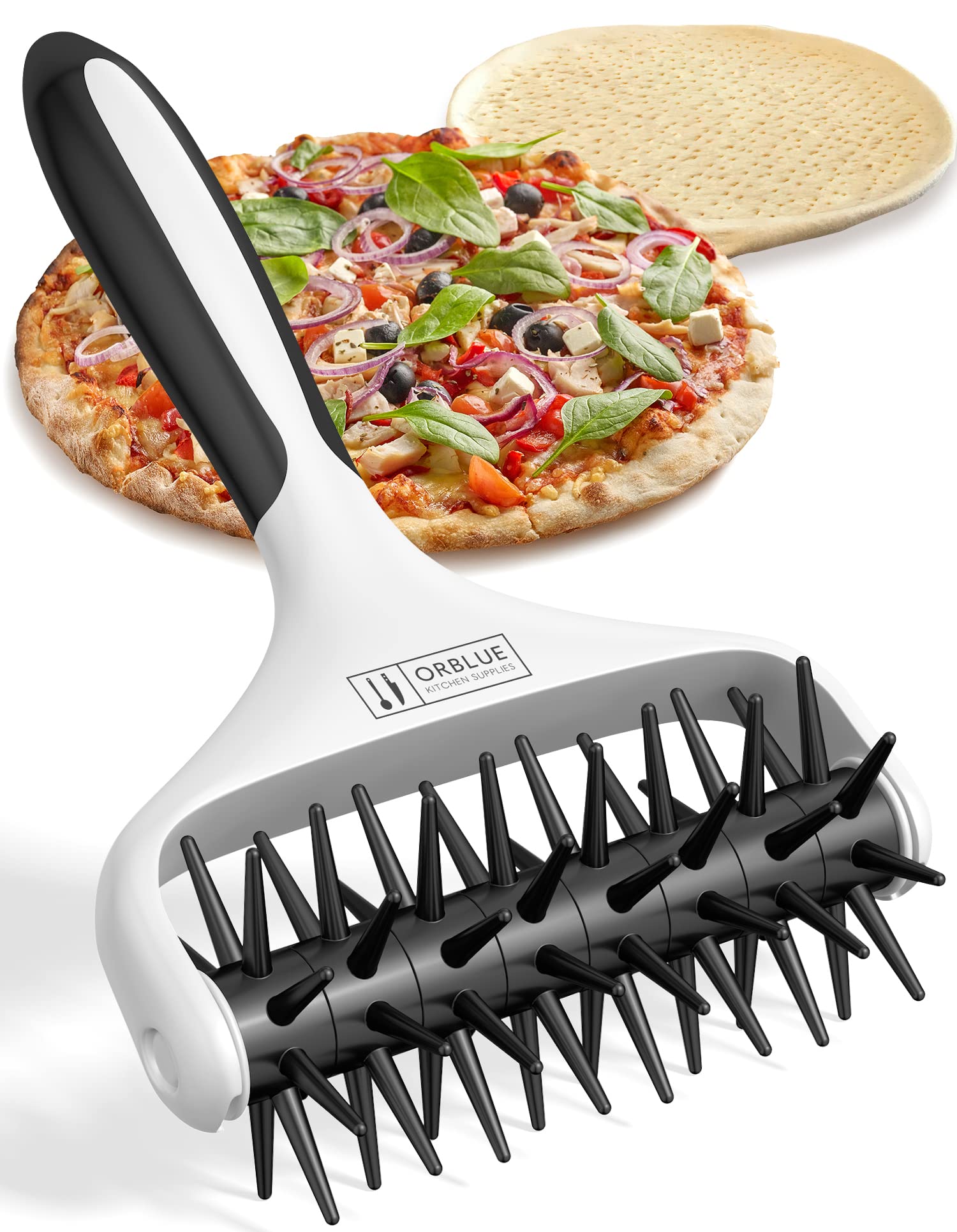 Orblue Pizza Dough Docker Pastry Roller with Spikes, Pizza Docking Tool for Home & Commercial Kitchen - Pizza Making Accessories that Prevent Dough from Blistering, Black