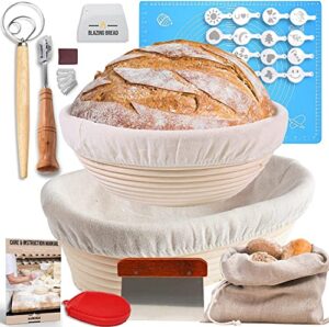 most complete banneton bread proofing basket set of 2 - round & oval rattan proofing baskets, dough scraper, recipe book - sourdough bread baking supplies - perfect bread making tools and supplies