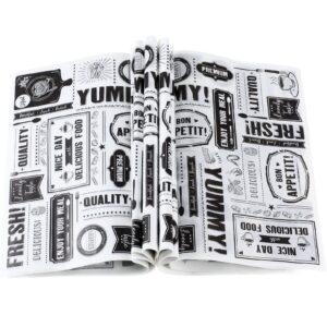 newsprint wax paper sheets newspaper theme food wrap paper grease resistant tray liners waterproof wrapping tissue food picnic paper for home kitchen baking hamburger（white background,150 pieces）