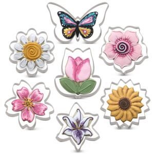liliao flowers cookie cutter set - 7 piece - lily, daisy, sunflower, cherry blossoms, tulip, kapok flowers and butterfly biscuit fondant cutters - stainless steel