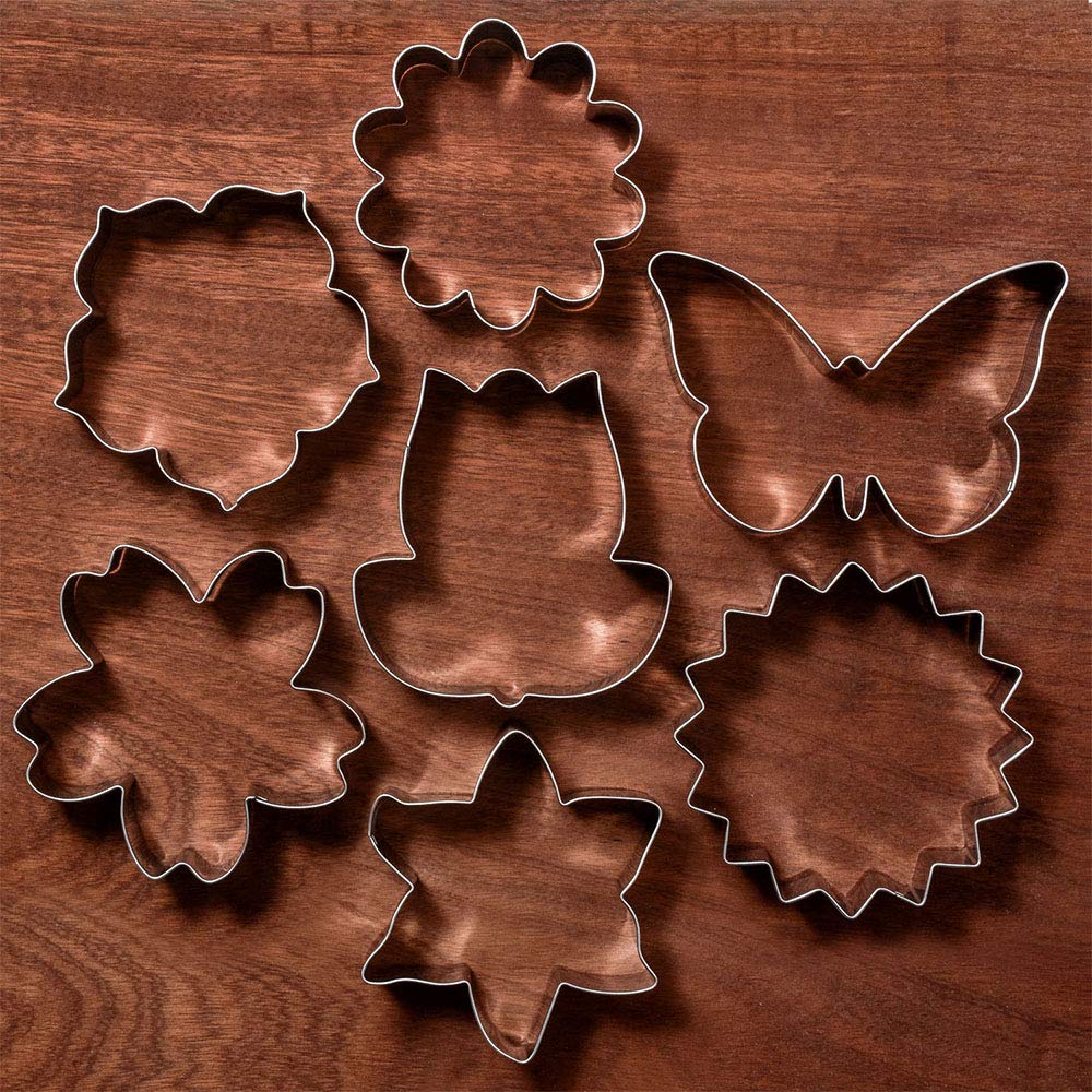 LILIAO Flowers Cookie Cutter Set - 7 Piece - Lily, Daisy, Sunflower, Cherry Blossoms, Tulip, Kapok Flowers and Butterfly Biscuit Fondant Cutters - Stainless Steel