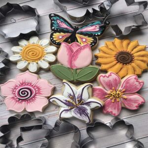 LILIAO Flowers Cookie Cutter Set - 7 Piece - Lily, Daisy, Sunflower, Cherry Blossoms, Tulip, Kapok Flowers and Butterfly Biscuit Fondant Cutters - Stainless Steel