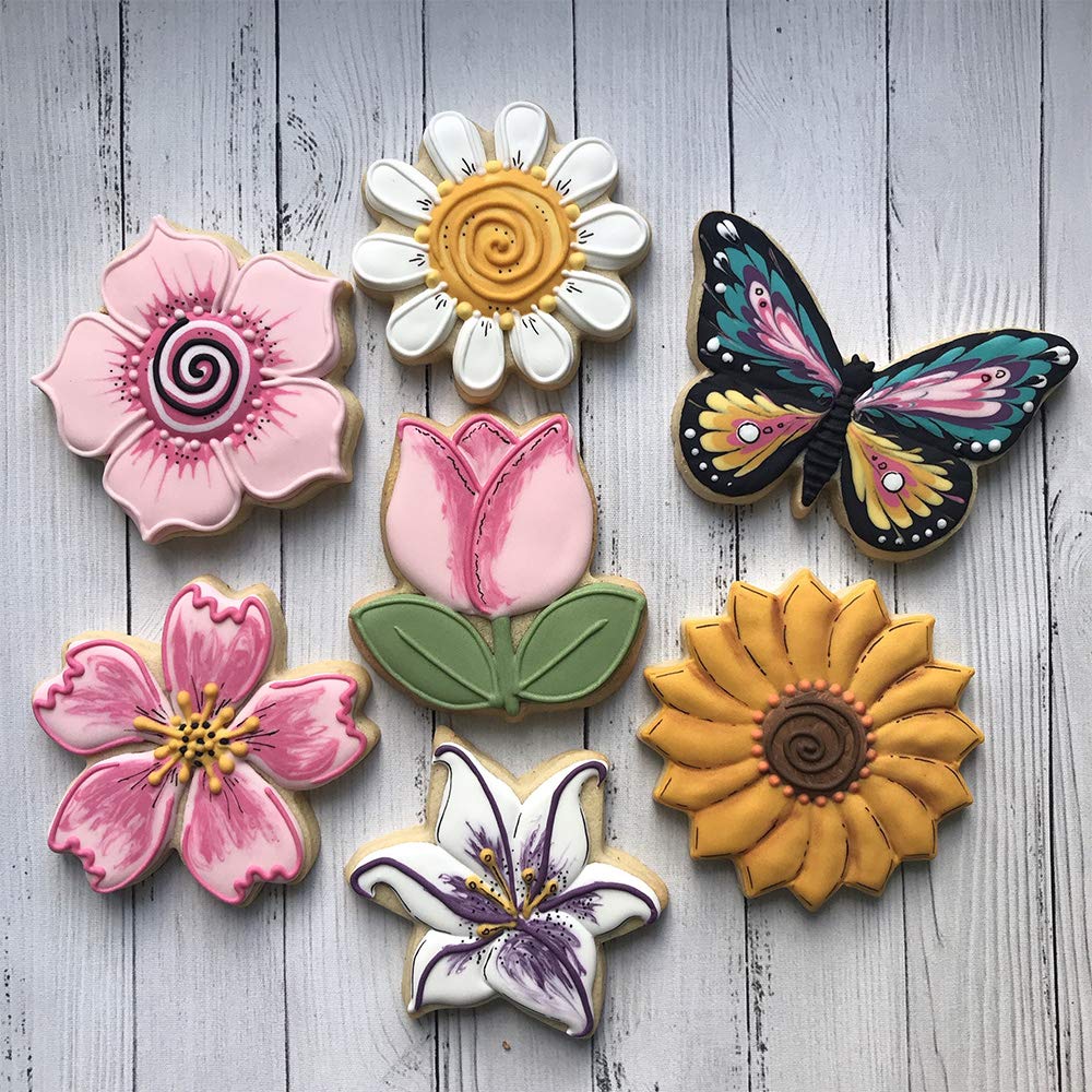 LILIAO Flowers Cookie Cutter Set - 7 Piece - Lily, Daisy, Sunflower, Cherry Blossoms, Tulip, Kapok Flowers and Butterfly Biscuit Fondant Cutters - Stainless Steel