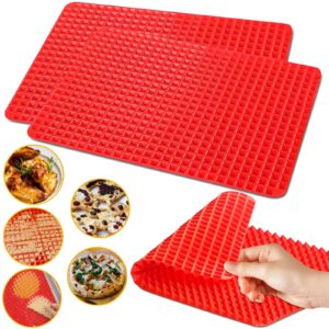 shangpinfeili silicone baking mat pyramid sheets cooking pan 16"x11" 2 pack-red，best healthy fat reducing nonstick cooking mat for baking mat with grid for oven grilling bbq, baking and roasting