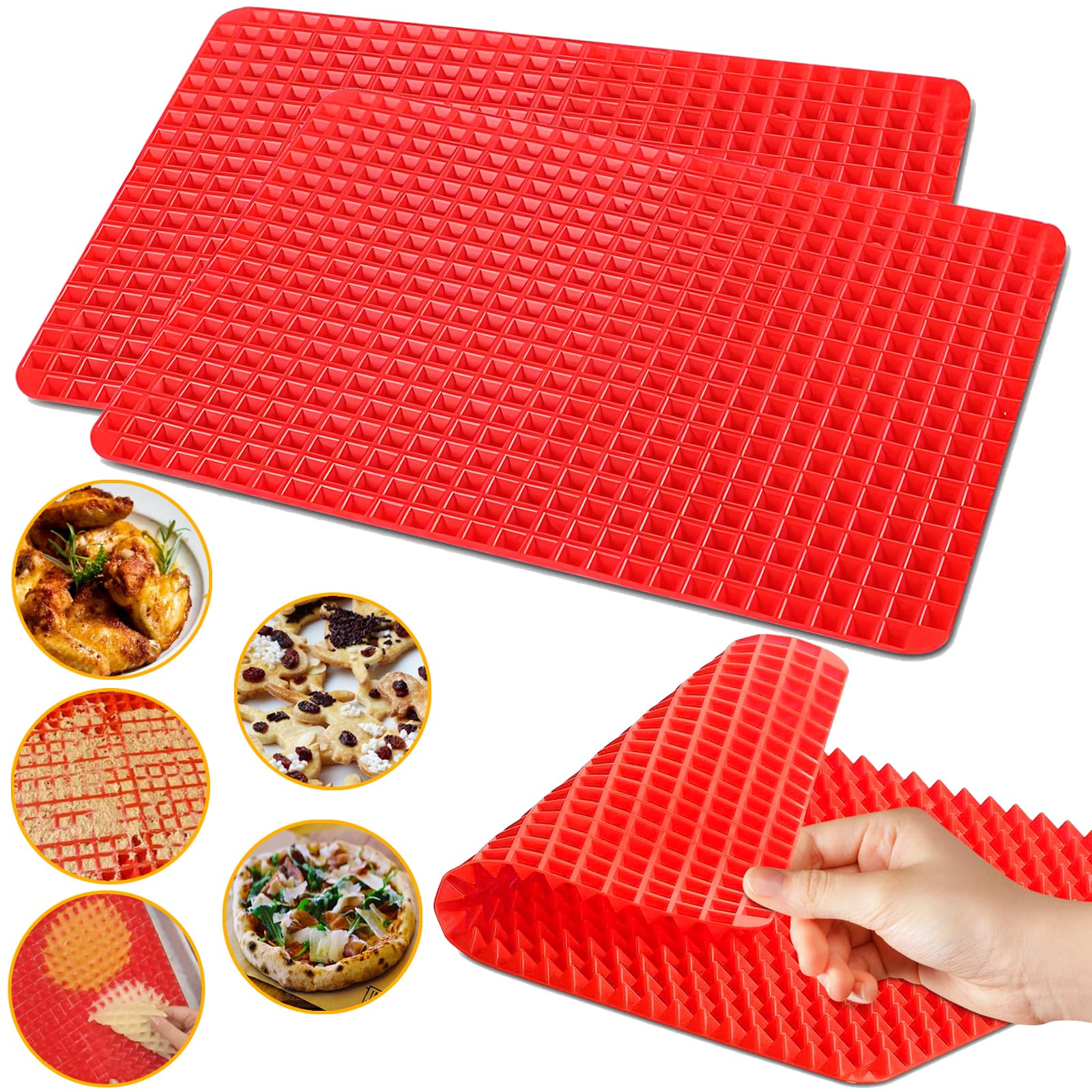 ShangPinFeiLi Silicone Baking Mat Pyramid Sheets Cooking Pan 16"x11" 2 Pack-Red，Best Healthy Fat Reducing Nonstick Cooking Mat for Baking Mat with Grid for Oven Grilling BBQ, Baking and Roasting