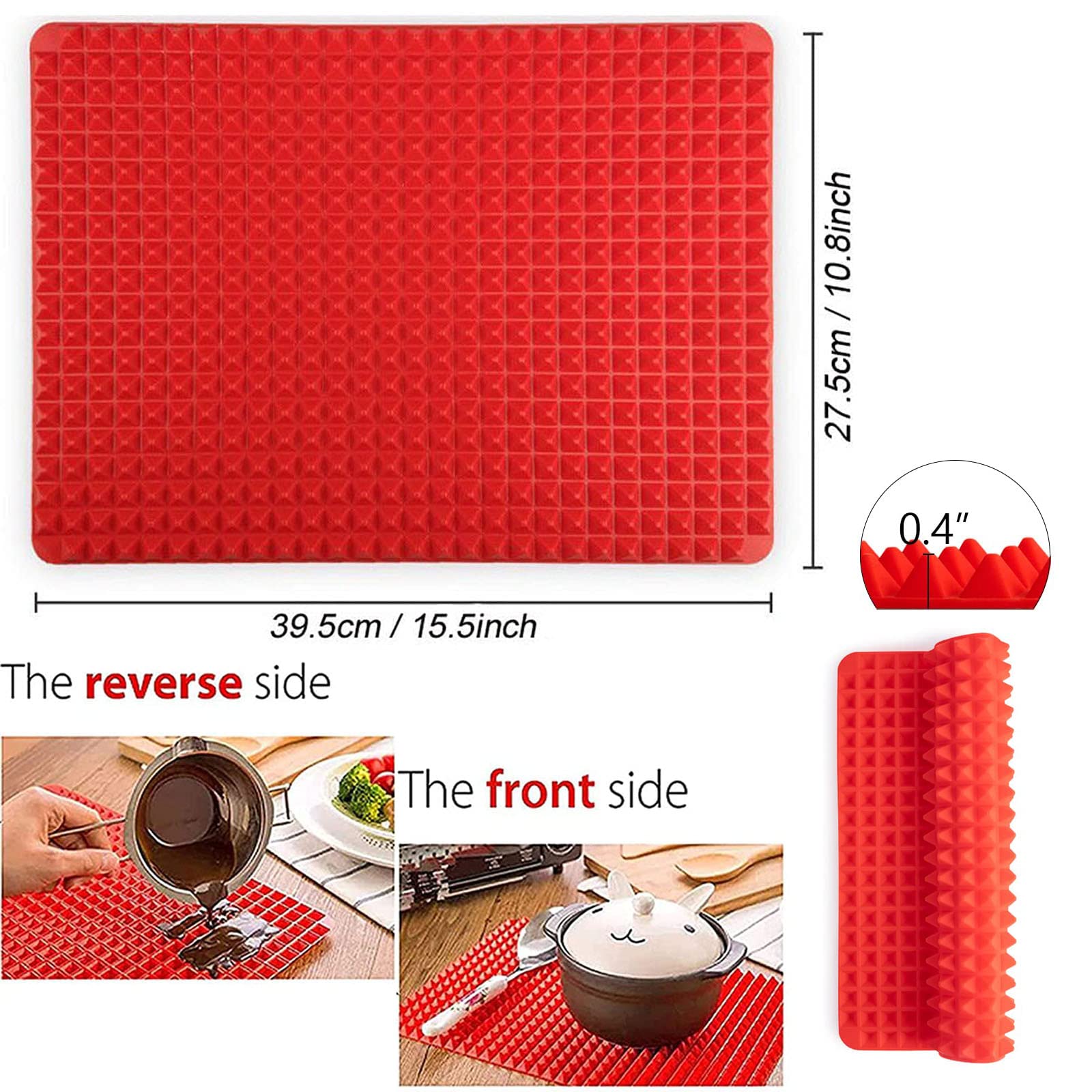 ShangPinFeiLi Silicone Baking Mat Pyramid Sheets Cooking Pan 16"x11" 2 Pack-Red，Best Healthy Fat Reducing Nonstick Cooking Mat for Baking Mat with Grid for Oven Grilling BBQ, Baking and Roasting