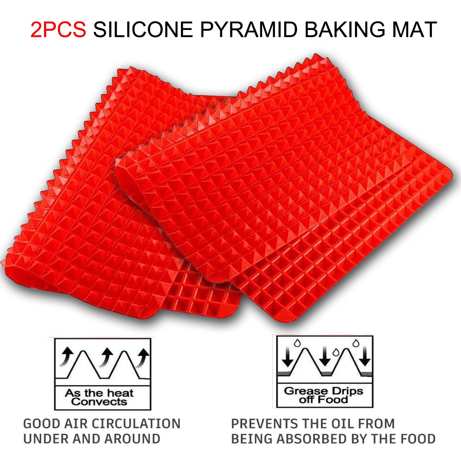 ShangPinFeiLi Silicone Baking Mat Pyramid Sheets Cooking Pan 16"x11" 2 Pack-Red，Best Healthy Fat Reducing Nonstick Cooking Mat for Baking Mat with Grid for Oven Grilling BBQ, Baking and Roasting