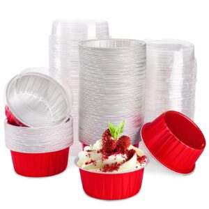 deayou 100 pack aluminum foil ramekins with lids, 5oz muffin cupcake baking liners cups, 3" round disposable recyclable tart pie tin pan holder for pudding, party, wedding, oven freezer safe, red
