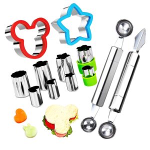 fruit vegetable cutter shapes set, mini pie and cookie stamps mold(8 pcs) with melon baller scoop ＆ carving knife, stainless steel, diy fun food decorating tools cookie cutter for kitchen