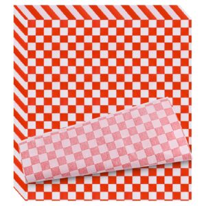 wxj13 100 sheets checkered dry waxed deli paper sheets red and white paper sandwich paper liners for plastic food basket cooking wax paper for wrapping bread and sandwiches (11x 10.2 inch)