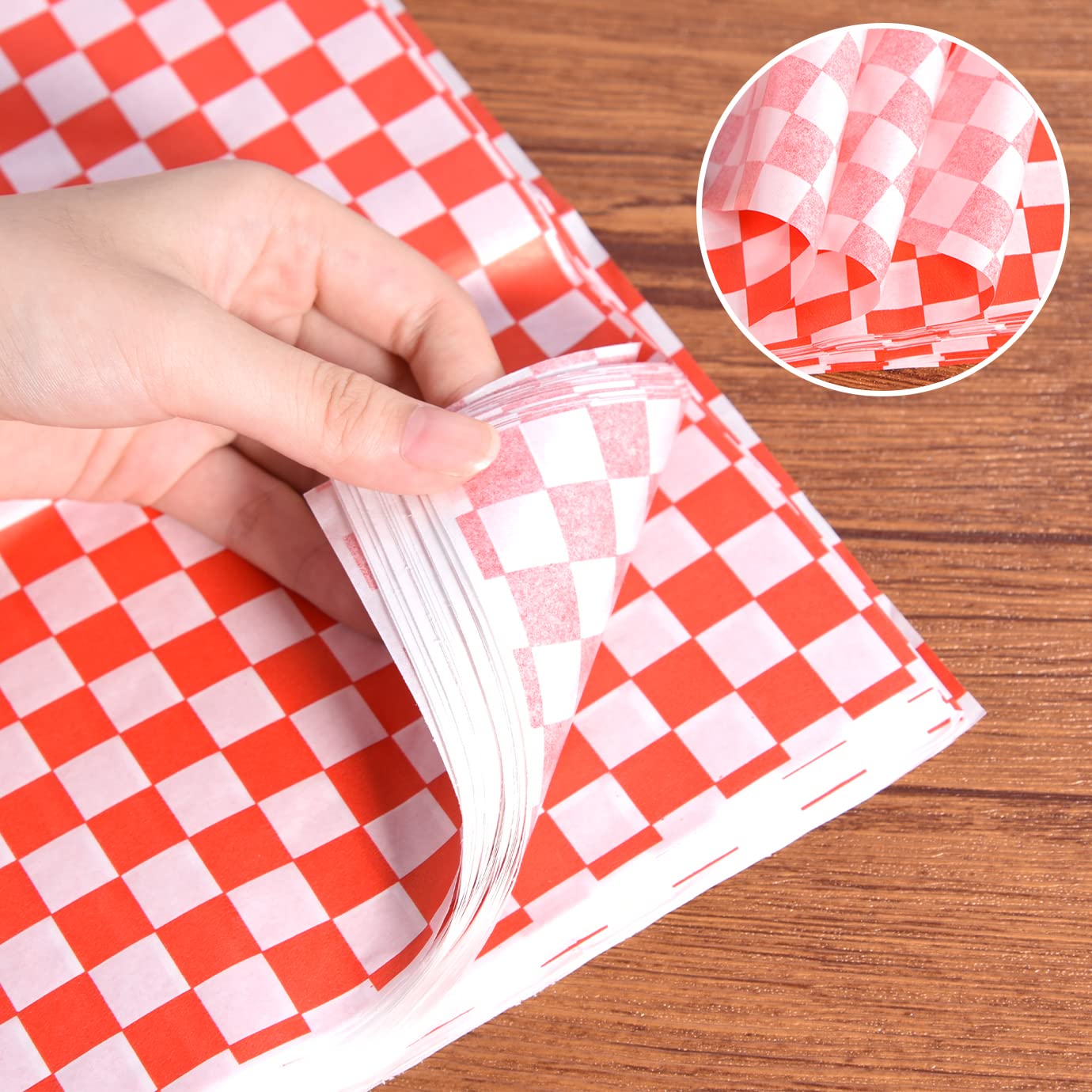 WXJ13 100 Sheets Checkered Dry Waxed Deli Paper Sheets Red and White Paper Sandwich Paper Liners for Plastic Food Basket Cooking Wax Paper for Wrapping Bread and Sandwiches (11x 10.2 Inch)