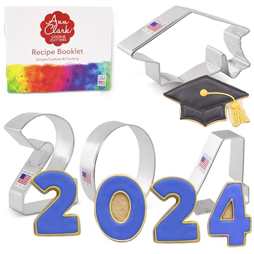 Graduation 2024 Cookie Cutters 4-Pc. Set Made in the USA by Ann Clark, Grad Cap, 2, 0, and #4