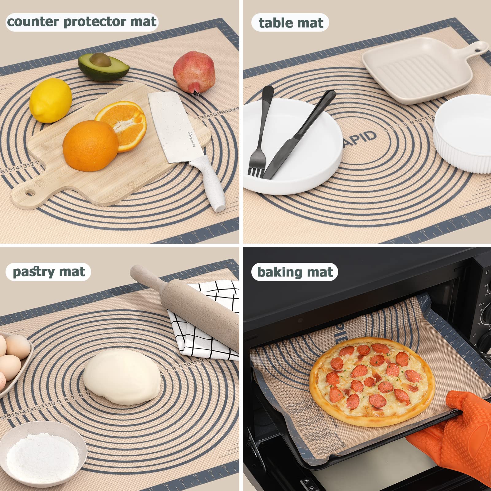 Sapid Extra Thick Silicone Pastry Mat Non-slip with Measurements for Non-stick Silicone Baking Mat Extra Large, Dough Rolling, Pie Crust, Kneading Mats, Countertop, Placement Mats (20" x 28",Gray)