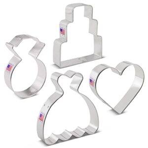 Wedding Cookie Cutters 4-Pc. Set Made in USA by Ann Clark, Wedding Dress, Wedding Cake, Diamond Ring, Heart